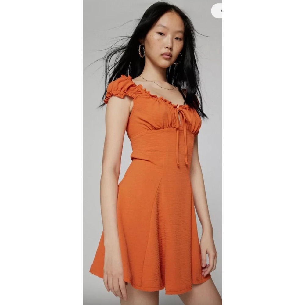 NEW Kimchi Blue Mini Dress Womens XS Orange NWT Ruffle Smocked Fit Flare